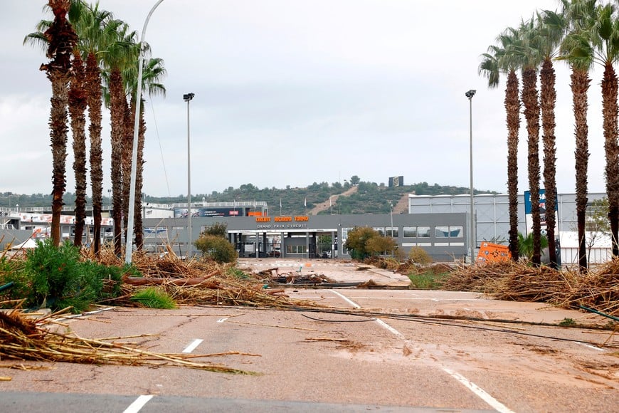 MotoGP - Valencia Grand Prix Cancelled - Circuit Ricardo Tormo, Valencia, Spain - November 4, 2024
Damage to the entrance of the Circuit Ricardo Tormo is seen after the Valencia Grand Prix was cancelled following heavy rains that caused floods
REUTERS/Bruna Casas