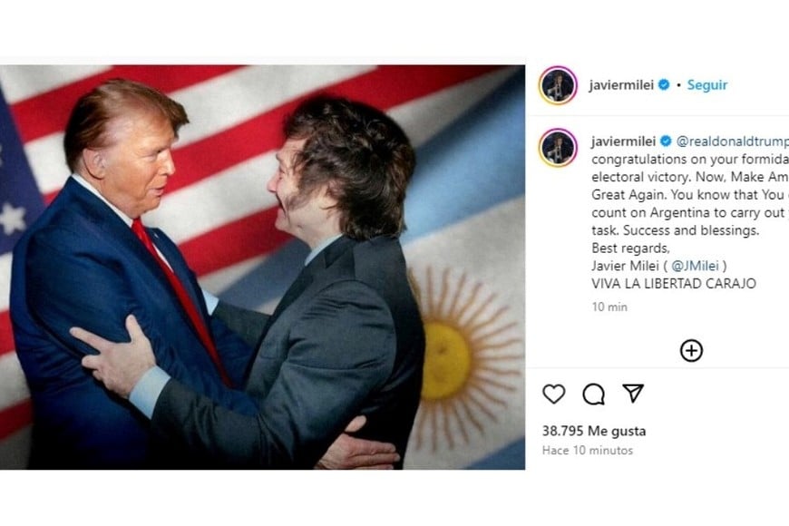 El saludo de Javier Milei para Donald Trump por su encaminada victoria.