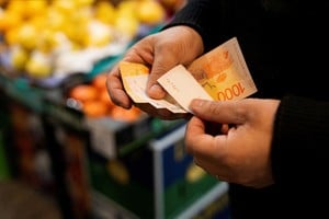 FILE PHOTO: A greengrocer counts Argentine peso bills at a local market,as Argentina is due to release consumer inflation data for April, in Buenos Aires, Argentina May 11, 2024. REUTERS/Irina Dambrauskas/File Photo