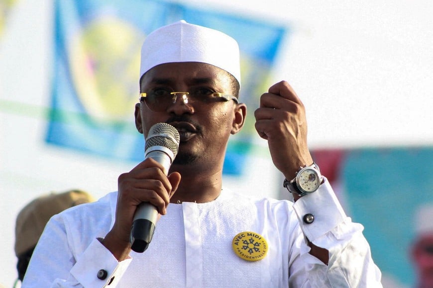 Chadian interim President Mahamat Idriss Deby speaks during the launch of his presidential campaign ahead of the May elections in N'Djamena, Chad April 14, 2024. REUTERS/Israel Matene