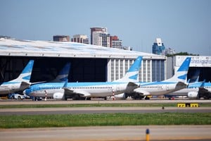 Aerolineas Argentinas planes are parked at the Aeroparque Jorge Newbery airport, during a 24-hour general strike called by transport unions against Argentina's President Javier Milei government's adjustment policy, in Buenos Aires, Argentina, October 30, 2024. REUTERS/Agustin Marcarian