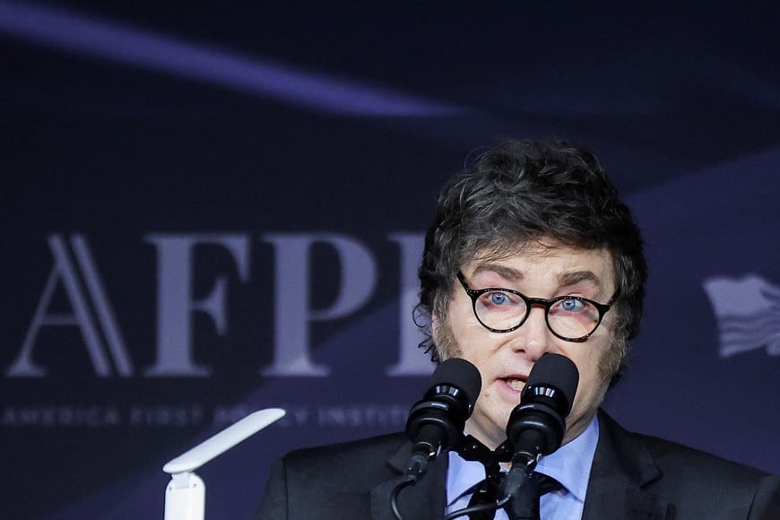 Argentine President Javier Milei speaks at the America First Policy Institute (AFPI) gala at Mar-A-Lago in Palm Beach, Florida, U.S., November 14, 2024. REUTERS/Carlos Barria