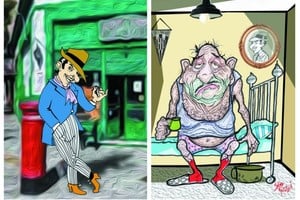 "Dejá las pebetas, para los muchachos". El antes y el después del protagonista, en la versión ilustrada de Julio Mazzei.