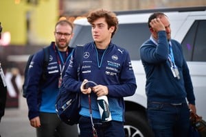 Nov 21, 2024; Las Vegas, Nevada, USA; Williams Racing driver Franco Colapinto (43) arrives before practice for the Las Vegas Grand Prix at Las Vegas Circuit. Mandatory Credit: Gary A. Vasquez-Imagn Images