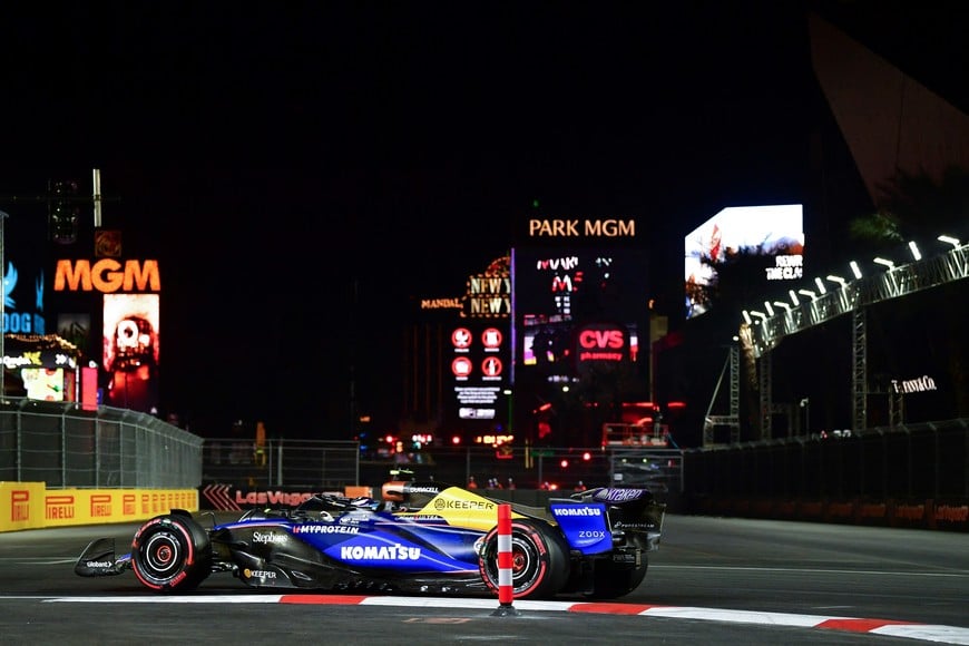 Nov 21, 2024; Las Vegas, Nevada, USA; Williams Racing driver Franco Colapinto (43) during practice for the Las Vegas Grand Prix at Las Vegas Circuit. Mandatory Credit: Gary A. Vasquez-Imagn Images