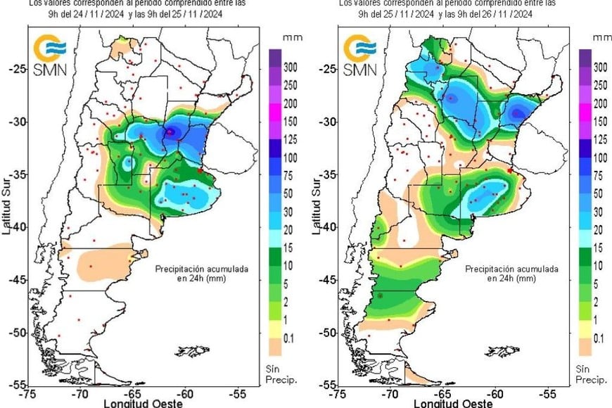 Mapa de lluvias entre el 24 y el 26 de noviembre