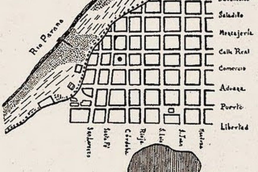 Plano de la Villa del Rosario de 1830. Se advierte el escaso desarrollo logrado hasta ese momento por la que sería la gran ciudad del sur provincial. Atribuido a Timoteo Guillón (tal vez Timothy Williamson). Gentileza