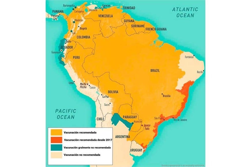 El mapa de Sudamérica con la recomendaciones sobre los viajeros a Brasil.