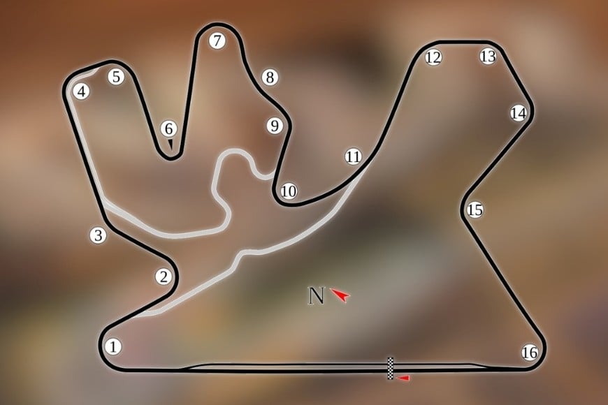 El circuito de Lusail, en Qatar, tiene 5400 metros, con 16 curvas, 6 de ellas a izquierdas y 10 a derechas, y cuenta con una única recta, la principal, que se alarga durante 1068 metros