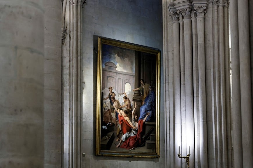 A view of a painting inside Notre-Dame de Paris cathedral in Paris, on November 29, 2024. The Notre-Dame Cathedral is set to re-open early December 2024, with a planned weekend of ceremonies on December 7 and 8, 2024, five years after the 2019 fire which ravaged the world heritage landmark and toppled its spire. Some 250 companies and hundreds of experts were mobilised for the five-year restoration costing hundreds of millions of euros.     STEPHANE DE SAKUTIN/Pool via REUTERS