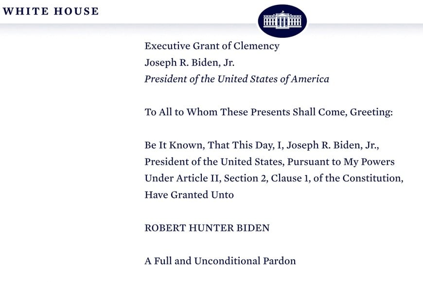 A portion of a statement by U.S. President Joe Biden announcing the pardoning of his son Hunter Biden is seen in a screenshot from the official White House website, in Washington, U.S. December 1, 2024.  The White House/Handout via REUTERS  THIS IMAGE HAS BEEN SUPPLIED BY A THIRD PARTY