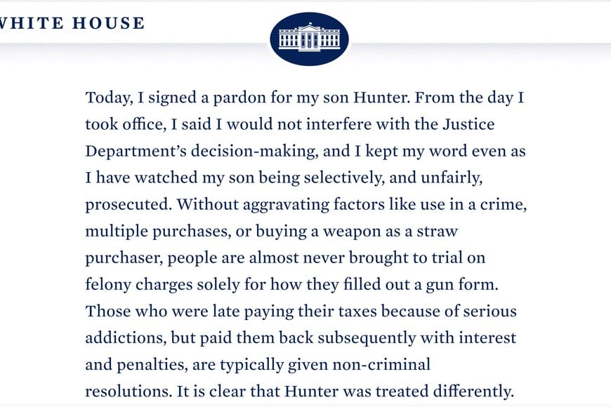 The beginning of a statement by U.S. President Joe Biden announcing the pardoning of his son Hunter Biden is seen in a screenshot from the official White House website, in Washington, U.S. December 1, 2024.  The White House/Handout via REUTERS  THIS IMAGE HAS BEEN SUPPLIED BY A THIRD PARTY