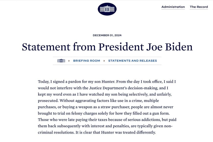 The beginning of a statement by U.S. President Joe Biden announcing the pardoning of his son Hunter Biden is seen in a screenshot from the official White House website, in Washington, U.S. December 1, 2024.  The White House/Handout via REUTERS  THIS IMAGE HAS BEEN SUPPLIED BY A THIRD PARTY