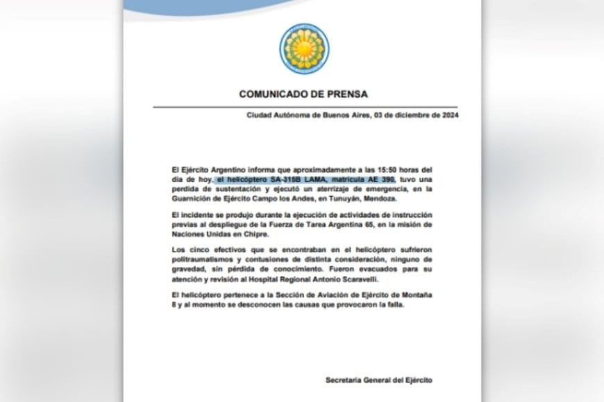 Comunicado del Ejercito Argentino.