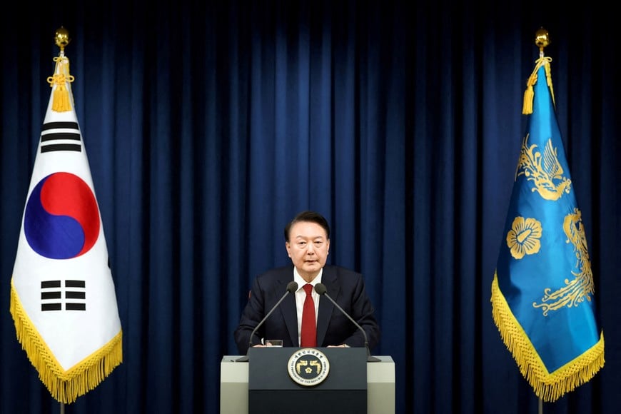 South Korean President Yoon Suk Yeol  delivers a speech to declare martial law in Seoul, South Korea, December 3, 2024. The Presidential Office/Handout via REUTERS ATTENTION EDITORS - THIS IMAGE HAS BEEN SUPPLIED BY A THIRD PARTY.     TPX IMAGES OF THE DAY