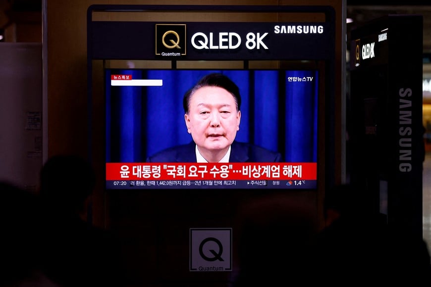 FILE PHOTO: People watch a TV screen broadcasting a news report on South Korean President Yoon Suk Yeol's declaration of martial law and the following announcement that he will lift the martial law, after parliamentary vote, at a railway station in Seoul, South Korea, December 4, 2024. REUTERS/Kim Soo-hyeon/File Photo