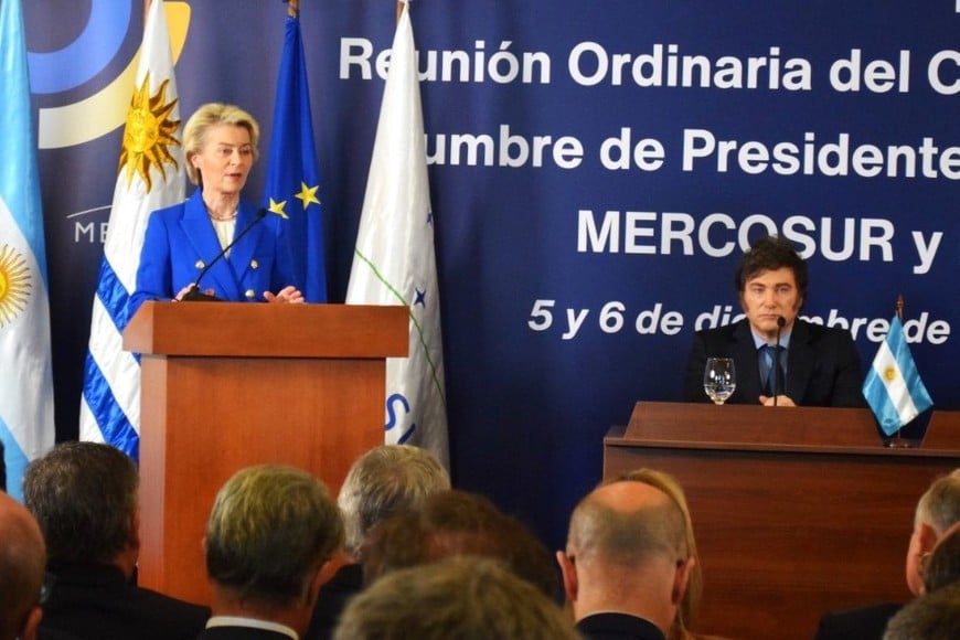 Milei estoico junto a von der Leyen. Crédito: Mercosur