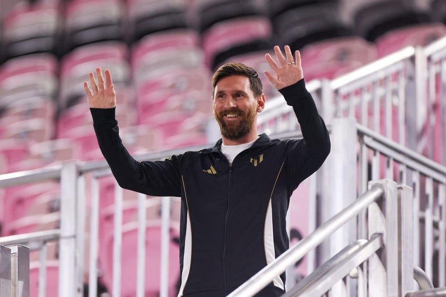 Dec 4, 2024; Ft. Lauderdale, Florida, USA; Inter Miami CF forward Lionel Messi (10) waves at Inter Miami CF academy players from the stands during the presentation of the MLS Landon Donovan MVP Award at Chase Stadium. Mandatory Credit: Sam Navarro-Imagn Images