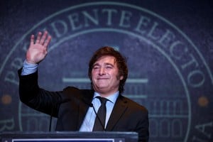 FILE PHOTO: Argentine president-elect Javier Milei addresses supporters after winning Argentina's runoff presidential election, in Buenos Aires, Argentina November 19, 2023. REUTERS/Agustin Marcarian/File Photo