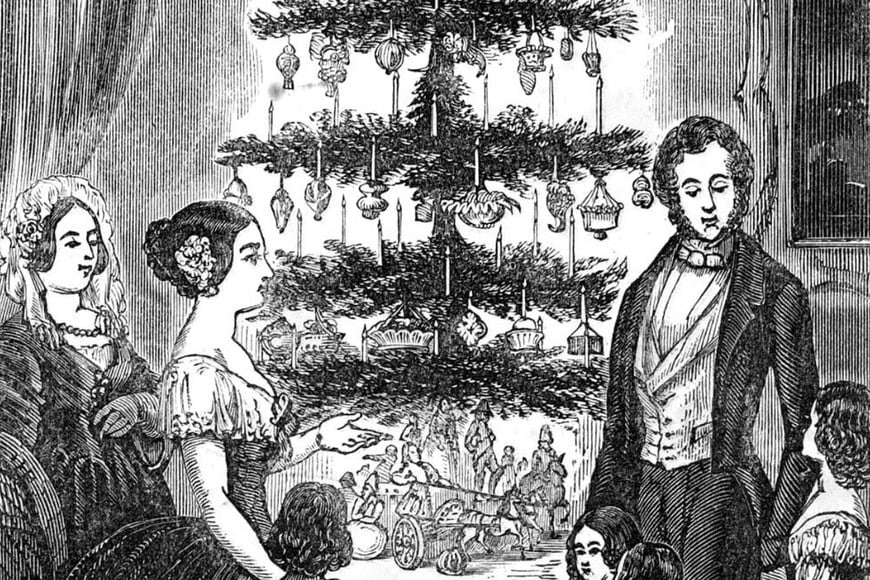 Ilustración de la familia real británica posando junto a su árbol de Navidad en el diario Illustrated London News.