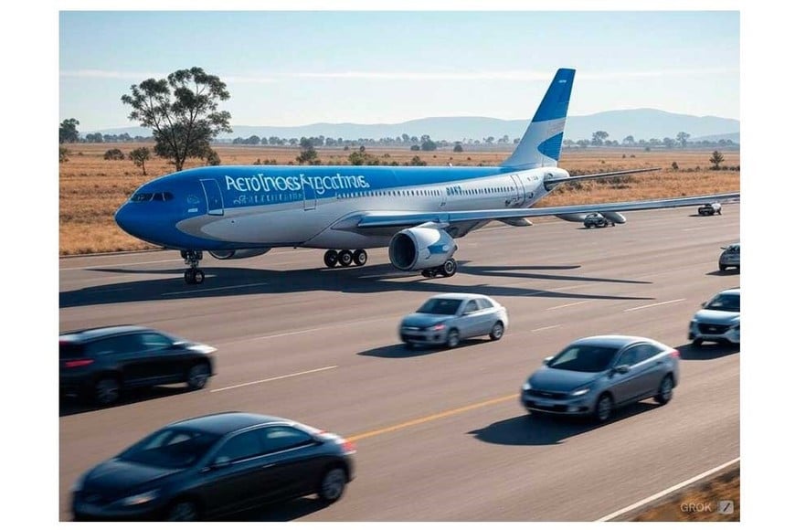 Un avión de Aerolíneas Argentinas en medio de una autopista.