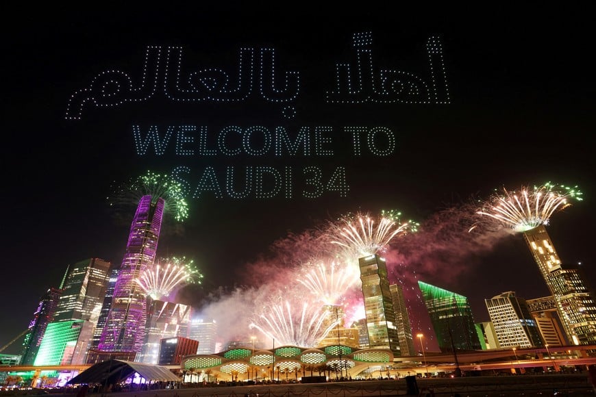 Soccer Football - FIFA confirm Saudi Arabia as 2034 World Cup hosts, Riyadh, Saudi Arabia - December 11, 2024
A drone show is seen displaying the words "Welcome to Saudi 34" as Saudi Arabia is announced as the host nation for the FIFA World Cup 2034
Saudi Arabia Football Association/Handout via REUTERS

ATTENTION EDITORS - THIS IMAGE HAS BEEN SUPPLIED BY A THIRD PARTY.     TPX IMAGES OF THE DAY