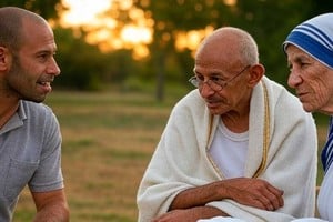 Mascherano compartiendo una charla con María Teresa de Calcuta y Mahatma Gandhi