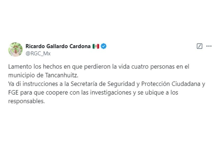 La publicación en X de Ricardo Gallardo Cardona, gobernador de San Luis Potosí.