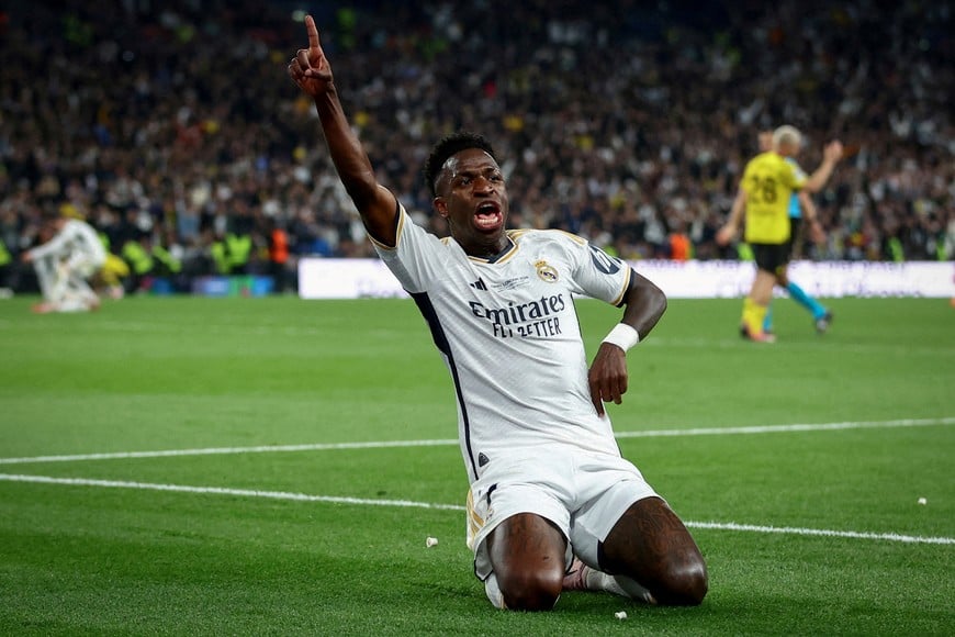 Soccer Football - Champions League - Final - Borussia Dortmund v Real Madrid - Wembley Stadium, London, Britain - June 1, 2024
Real Madrid's Vinicius Junior celebrates scoring their second goal REUTERS/Carl Recine     TPX IMAGES OF THE DAY               SEARCH "REUTERS BEST SPORTS 2024" FOR THIS STORY. SEARCH "REUTERS YEAR-END" FOR ALL 2024 YEAR END GALLERIES.