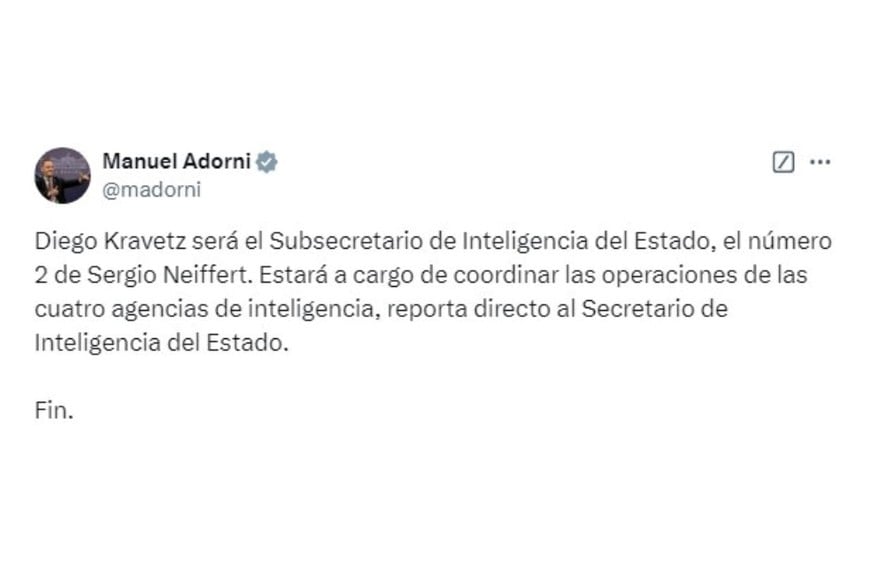 La publicación en X de Adorni que confirma la llegada de Diego Kravetz.