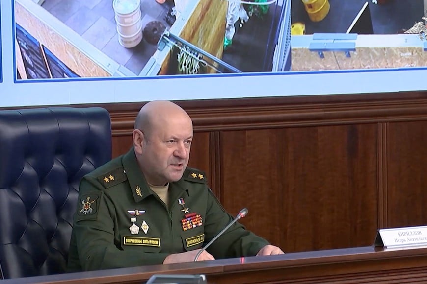 FILE PHOTO: Lieutenant General Igor Kirillov, chief of Russia's Nuclear, Biological and Chemical Protection Troops, attends a press conference in Moscow, Russia, in this still image from video released November 5, 2024. Russian Defence Ministry/Handout via REUTERS ATTENTION EDITORS - THIS IMAGE HAS BEEN SUPPLIED BY A THIRD PARTY. NO RESALES. NO ARCHIVES. MANDATORY CREDIT. WATERMARK FROM SOURCE./File Photo