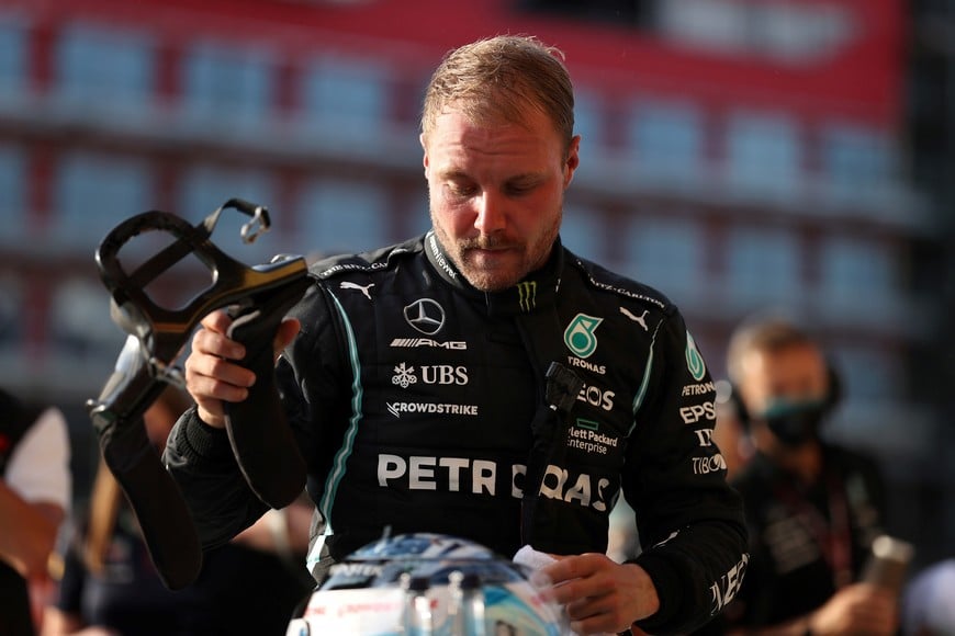 FILE PHOTO: Formula One F1 - British Grand Prix - Silverstone Circuit, Silverstone, Britain - July 16, 2021 Mercedes' Valtteri Bottas after finishing third in the sprint race qualifying Pool via REUTERS/Lars Baron/File Photo