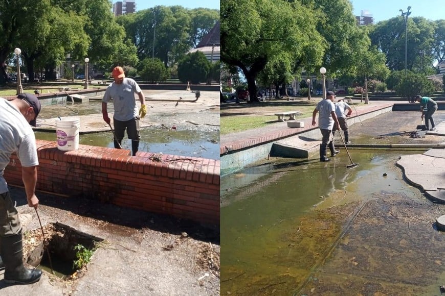 Municipalidad de la Ciudad de Santa Fe limpiando la fuente de El Palomar.