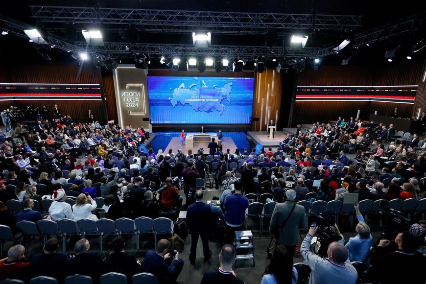 A general view of the hall as Russia's President Vladimir Putin holds the annual end-of-year press conference and phone-in, in Moscow, Russia December 19, 2024. REUTERS/Maxim Shemetov