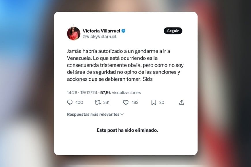 Villarruel: "Jamás habría autorizado a un gendarme a ir a Venezuela". Foto: X de Victoria Villarruel