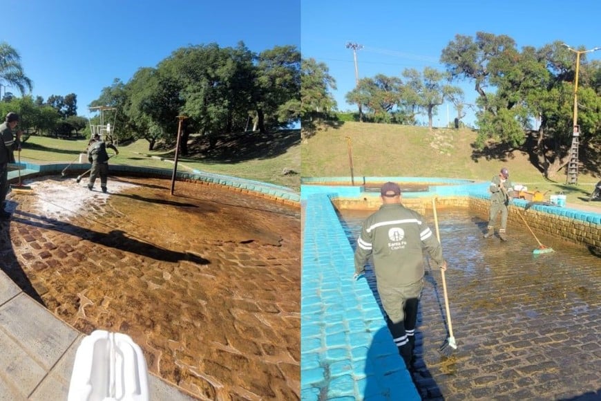 Personal municipal limpiando piletón Parque del Sur.