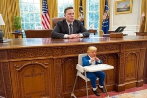 ¿Quién está realmente dirigiendo el país? En la red social X, propiedad de Elon Musk, usuarios plantean que el magnate tecnológico se encuentra por encima del presidente electo Donald Trump. Foto: imagen generada por IA y difundida en internet.