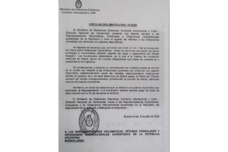 La circular de Cancillería que difundió la Policía porteña. No hubo comunicado oficial.