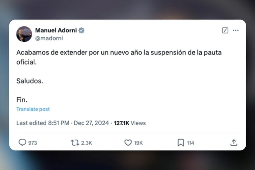 El posteo de Adorni. Créditos: X de Manuel Adorni