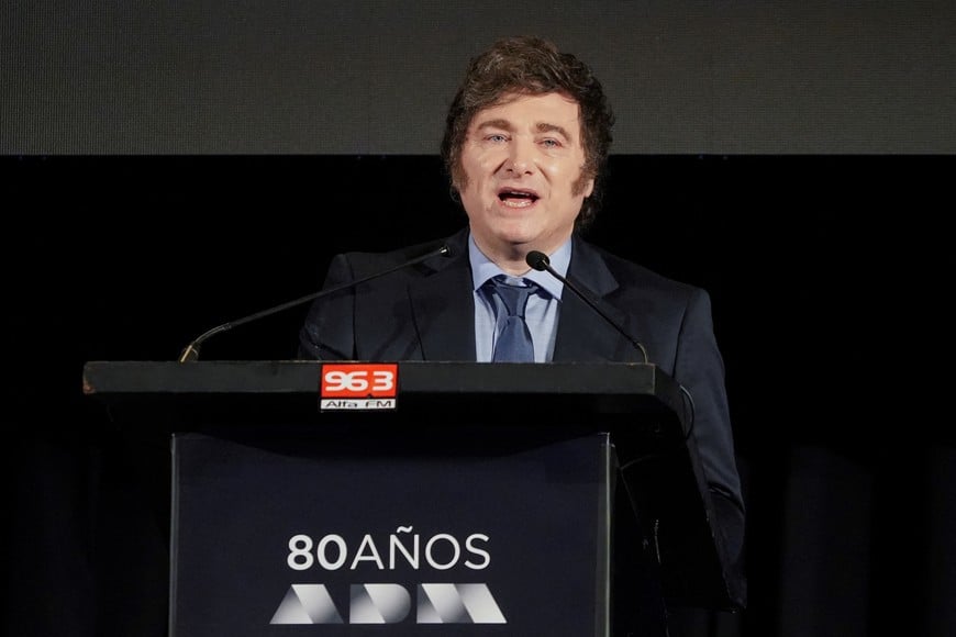 Argentina's President Javier Milei delivers a speech during a lunch of the Uruguay's Marketing Managers Association (ADM), on the sidelines of the Mercosur Summit in Montevideo, Uruguay, December 6, 2024. REUTERS/Mariana Greif