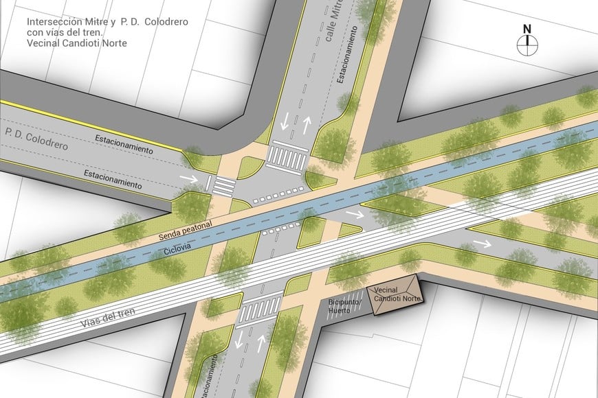 Render 2. La imagen ampliada muestra la ciclovía, la senda peatonal, las viejas vías ferroviarias y, a la derecha abajo, la ubicación del cabín ferroviario de la vecinal.