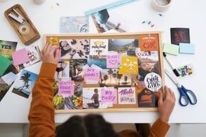 Una vision board, también conocida como tablero de sueños o collage de metas.