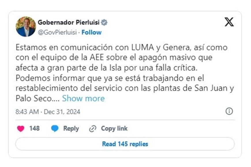 La publicación del Gobernador Pierluisi.