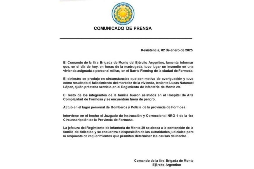 El comunicado del Ejército Argentino.