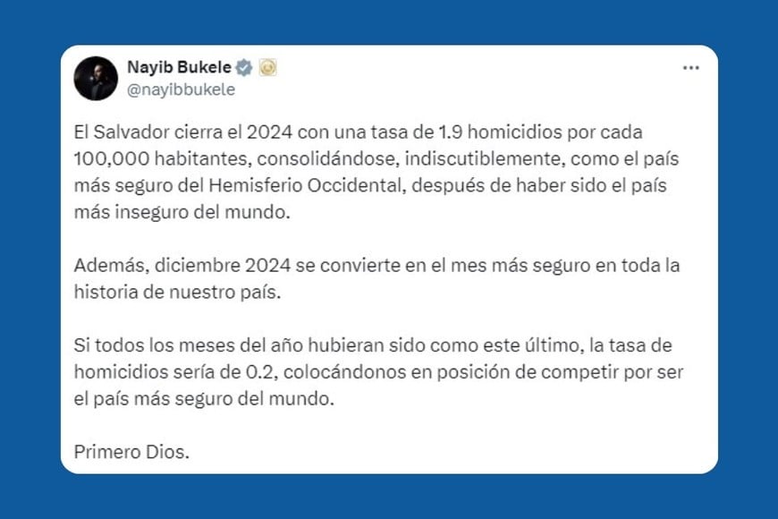 La publicación de Bukele en X sobre la tasa de homicidios.