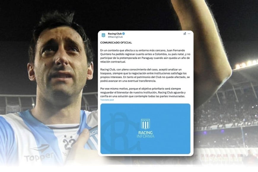 El comunicado de Racing sobre Juanfer Quintero. Créditos: @RacingClub en X