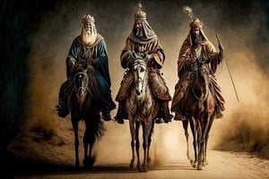 Según la tradición, los Reyes Magos eran sabios religiosos que estudiaban el firmamento. Aquí los podemos observar en una versión atípica, montados a caballo, no la más acostumbrada o clásica, que los presenta a lomo de camellos.