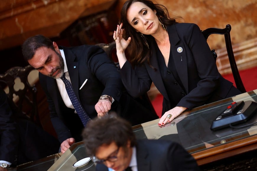 Argentina's Vice President Victoria Villarruel listens as President Javier Milei presents the fiscal year 2025 budget, at the National Congress in Buenos Aires, Argentina, September 15, 2024. REUTERS/Agustin Marcarian