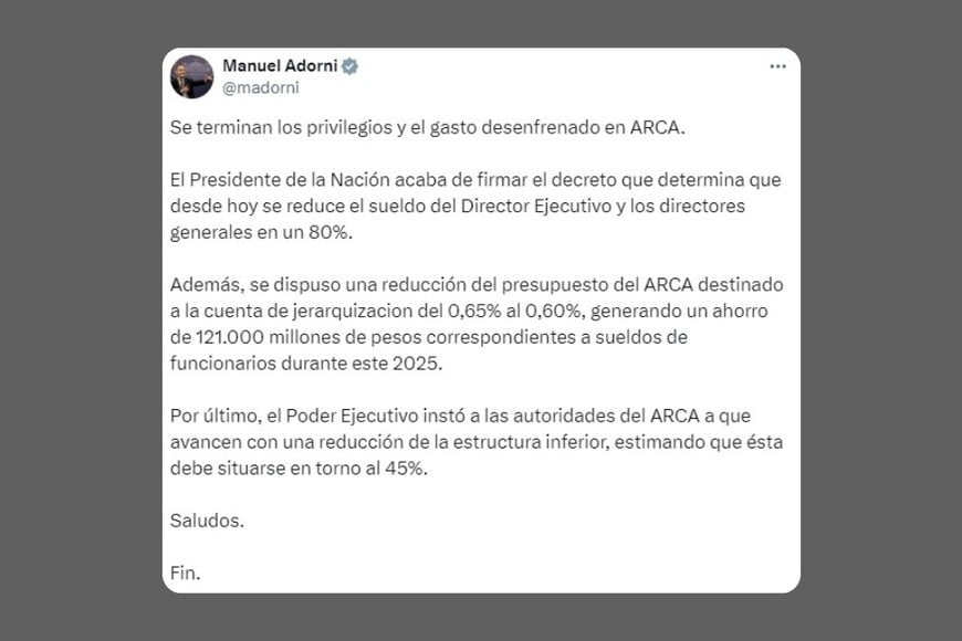 La publicación de Manuel Adorni en X.