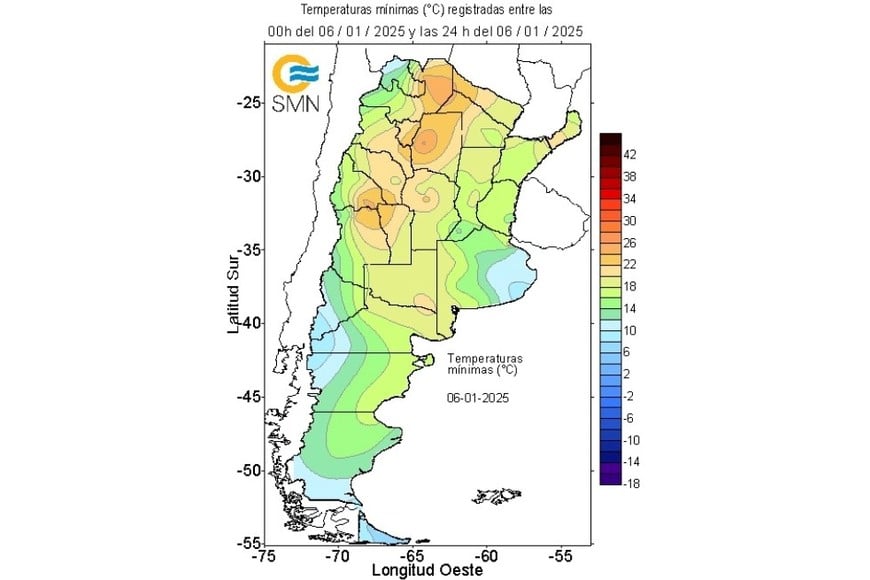 Mapa de calor de este 6 de enero. Crédito: SMN